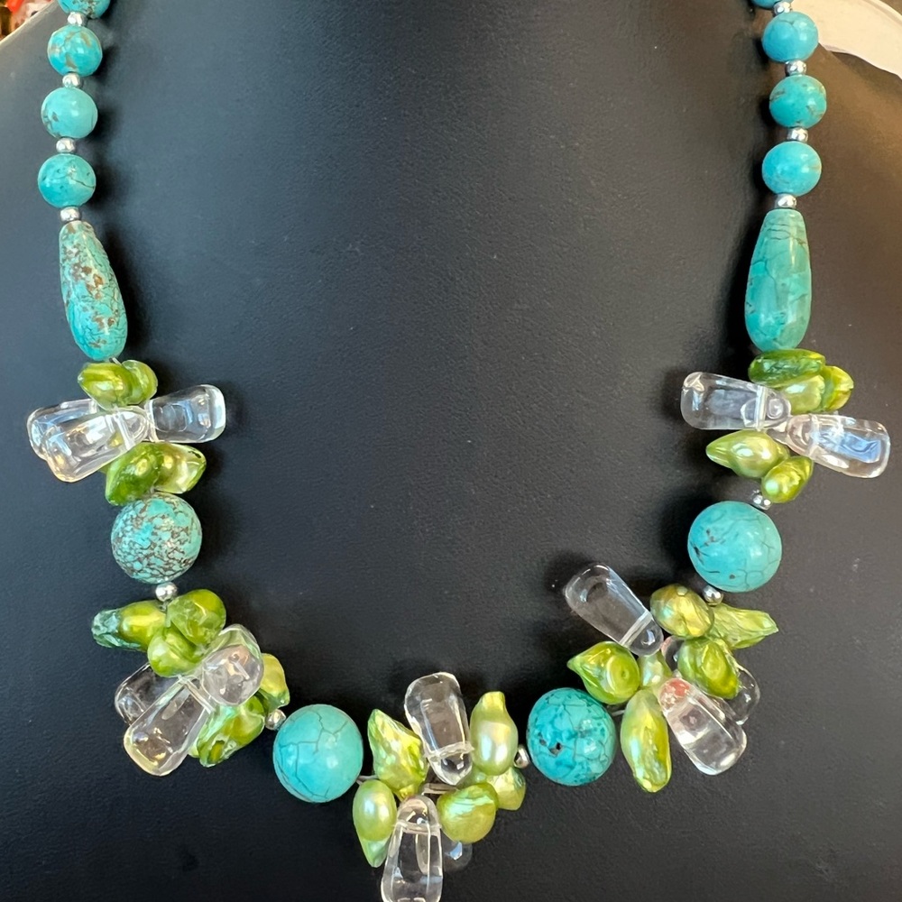 Faux Turquoise howlite freshwater pearl necklace 17.5” handmade one of a kind